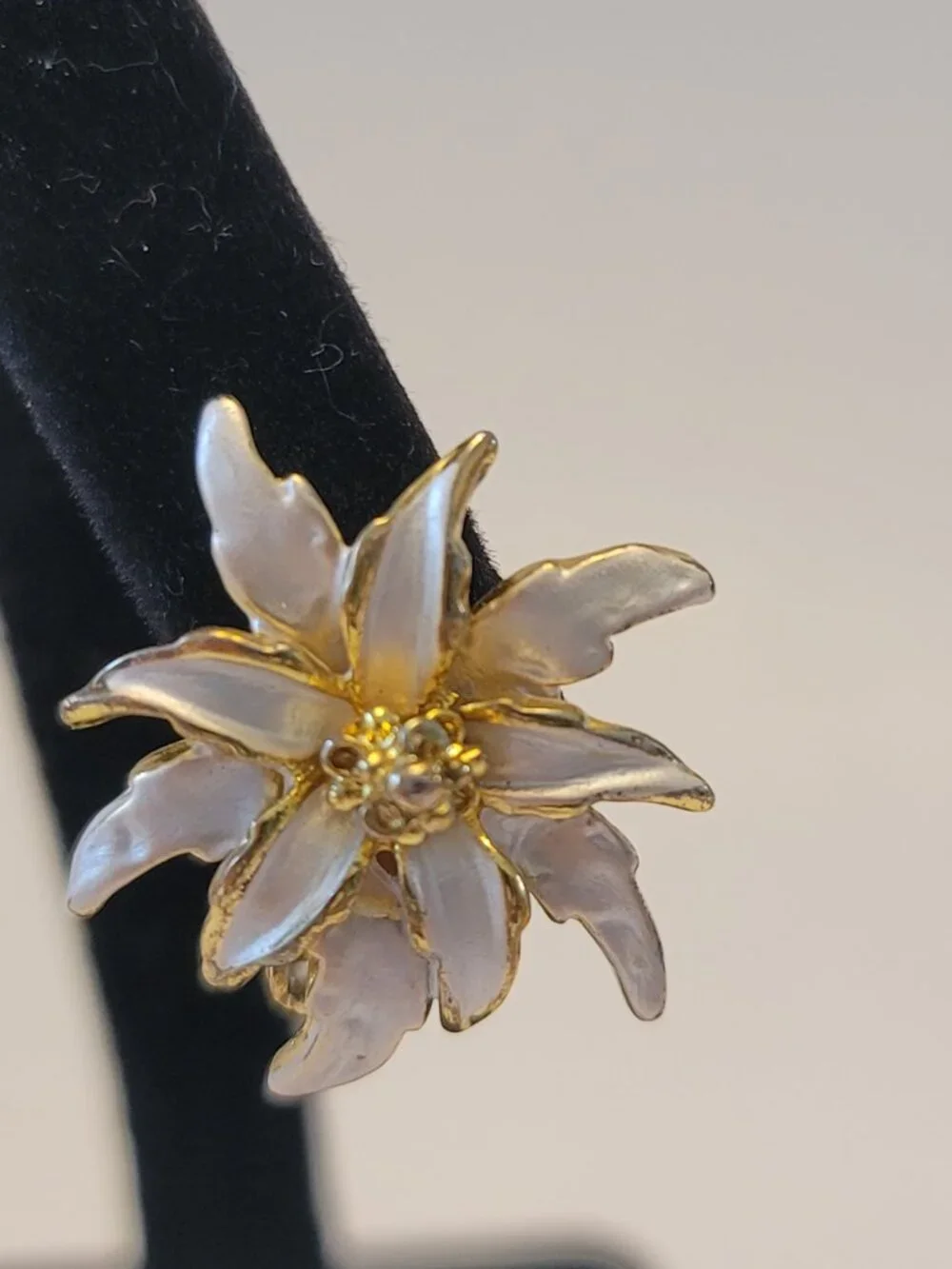 Vintage Clip On Earrings Gold Tone with White Enamel Edelweiss Blossom Motif